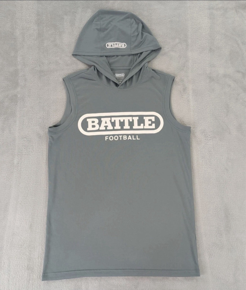 BATTLE Football Men's Gray Hooded Sleeveless Tank Top Graphic Logo Size S