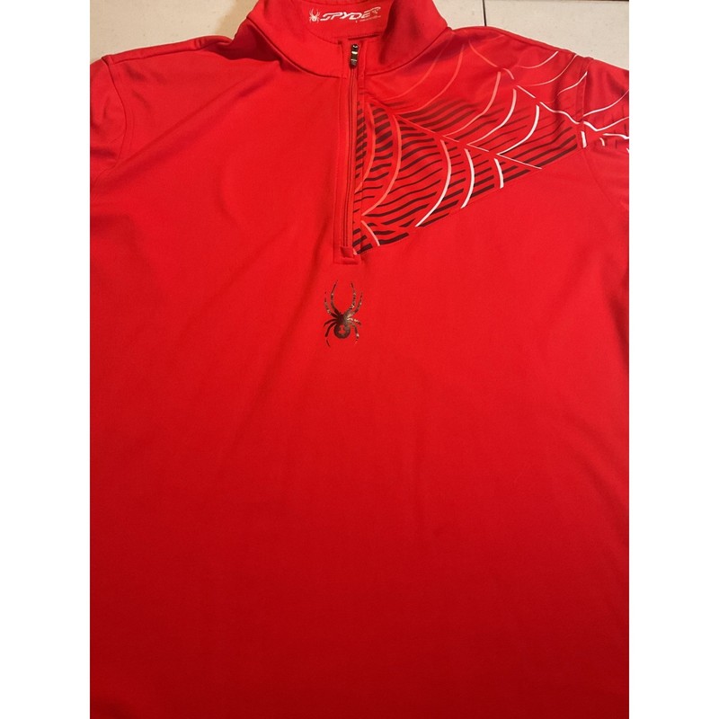 Spyder Mens Large Red Quarter Zip Pullover Spiderweb Graphic Mock Neck Shirt gallery