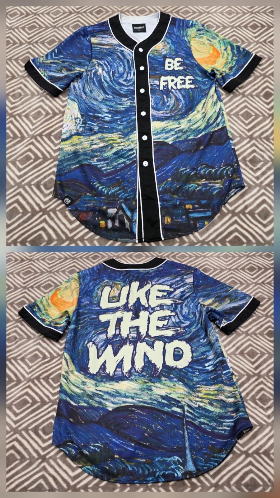 Fresh Hoods BE FREE LIKE THE WIND Baseball Jersey Men Medium Shirt Button Art gallery