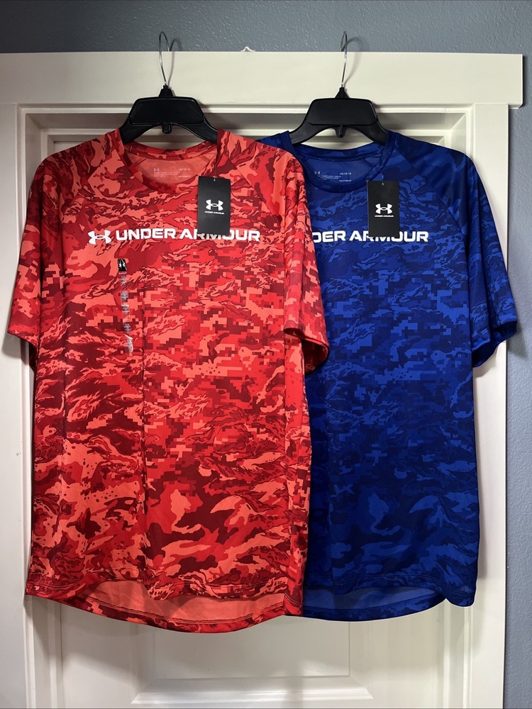 2 Mens Large Under Armour Tech ABC Camo Print Red Blue Shirt Loose Fit 1361698