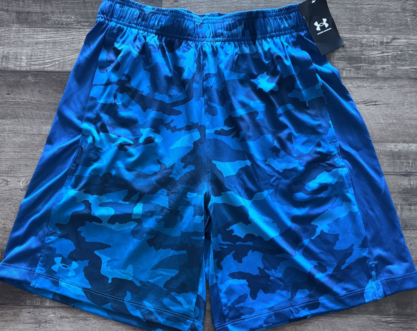 NWT Mens Under Armour M Teal/Navy/Lt Blue Camo Train Stretch 2.0 Shorts Medium gallery