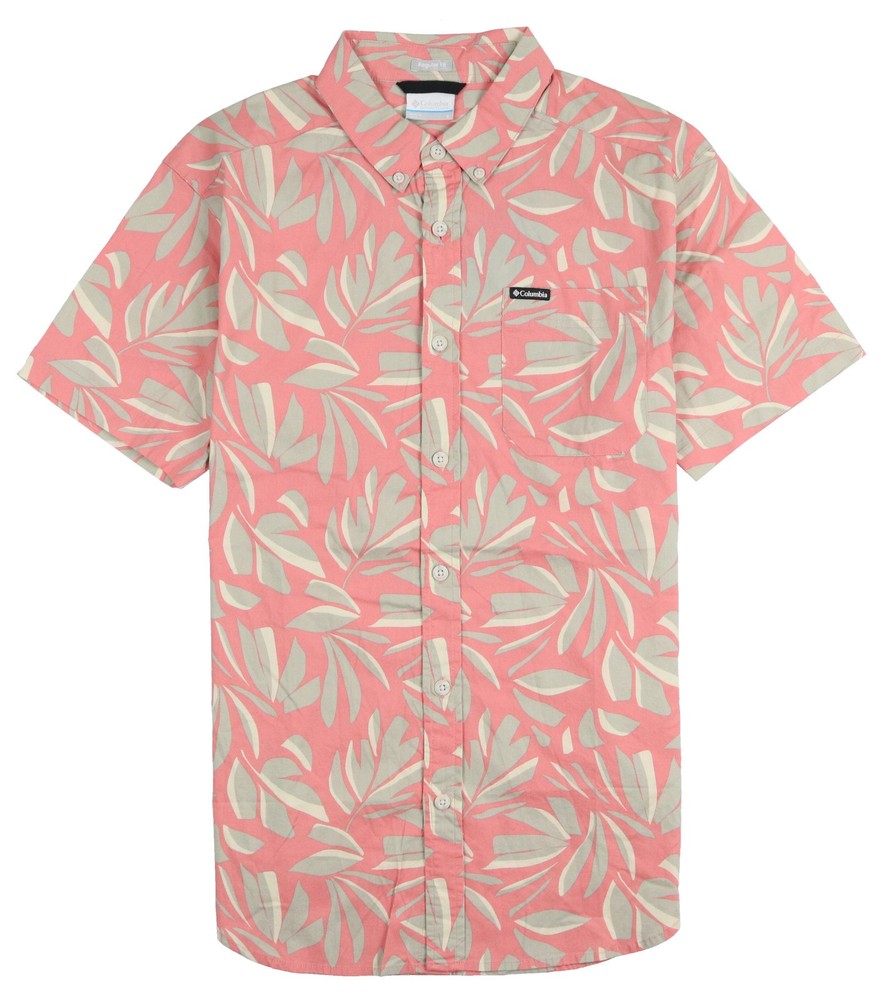 COLUMBIA Rapid Rivers Short Sleeve Shirt sz S Small Pink Beige Leaf Print