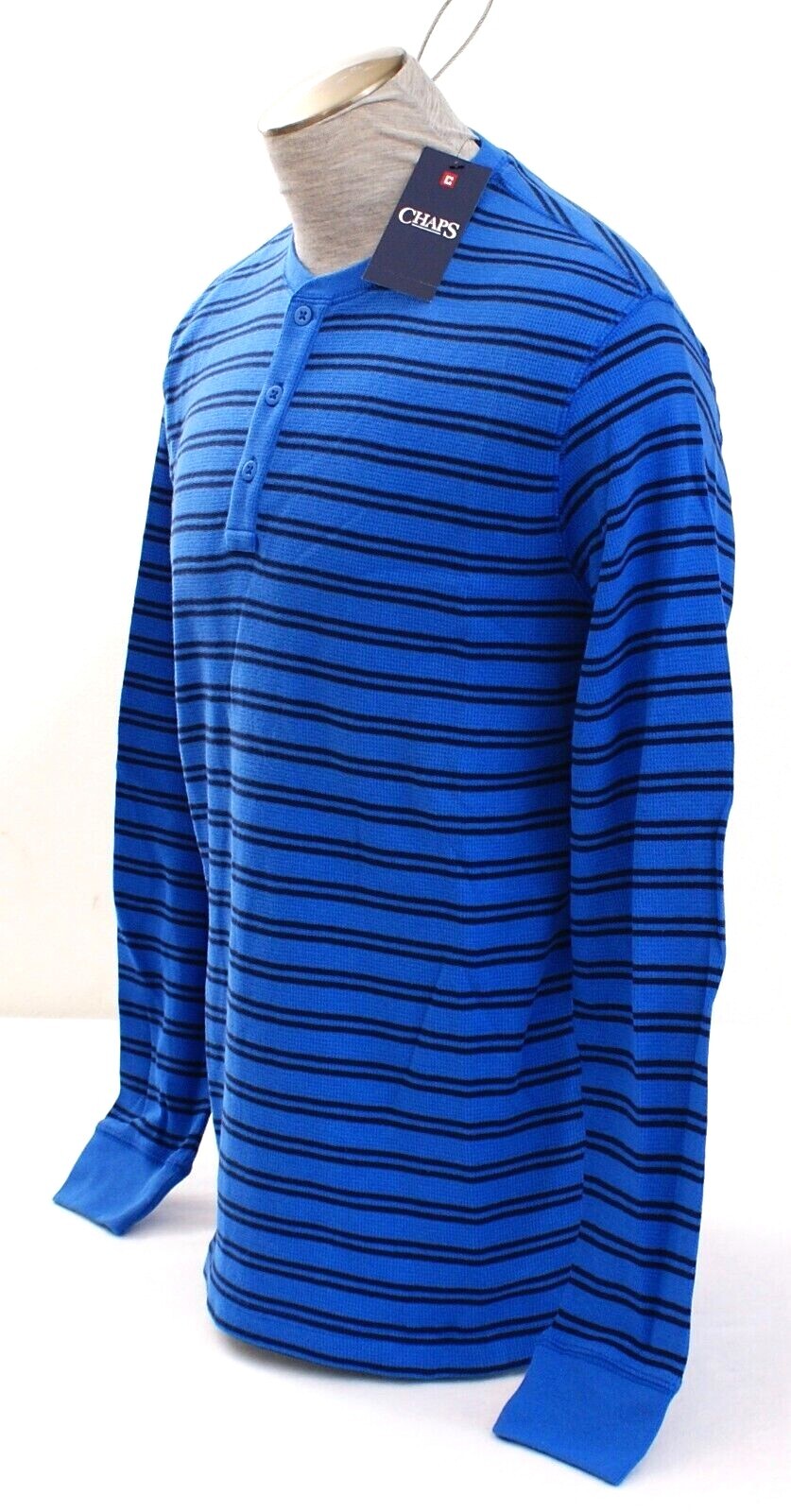 Chaps Blue Striped Kent Thermal Knit Long Sleeve Polo Shirt Men's L NWT gallery