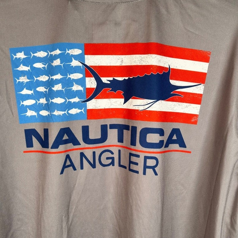 Nautica Angler Ultracool Long Sleeve Fishing Shirt Gray US Flag Mens Size M Flaw gallery