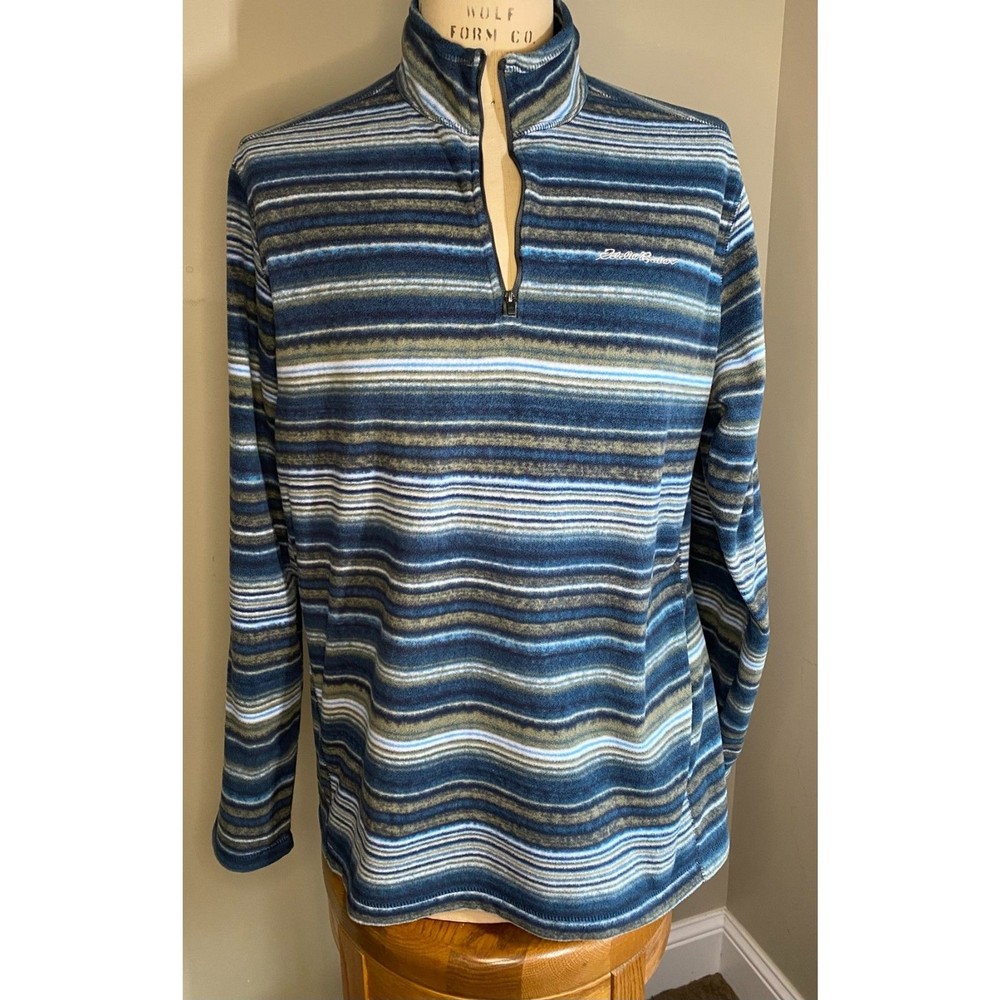EDDIE BAUER 1/4 Zip Lightweight Polar Fleece Blue Stripe Quest Size L