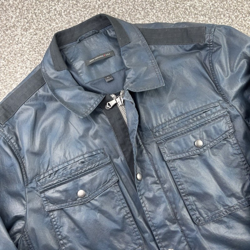 John Varvatos Jacket Mens Extra Large Blue Black Waxed Resign Pockets Full Zip gallery
