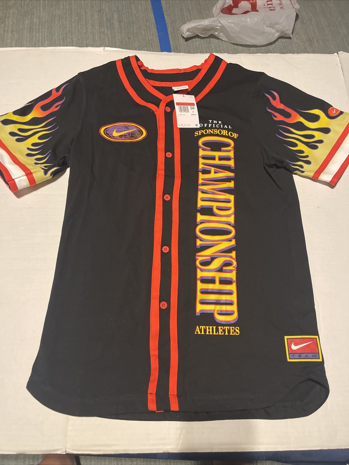 Nike Baseball Button Shirt Flames Championship Men's Sz L DV9642-010 Black red gallery