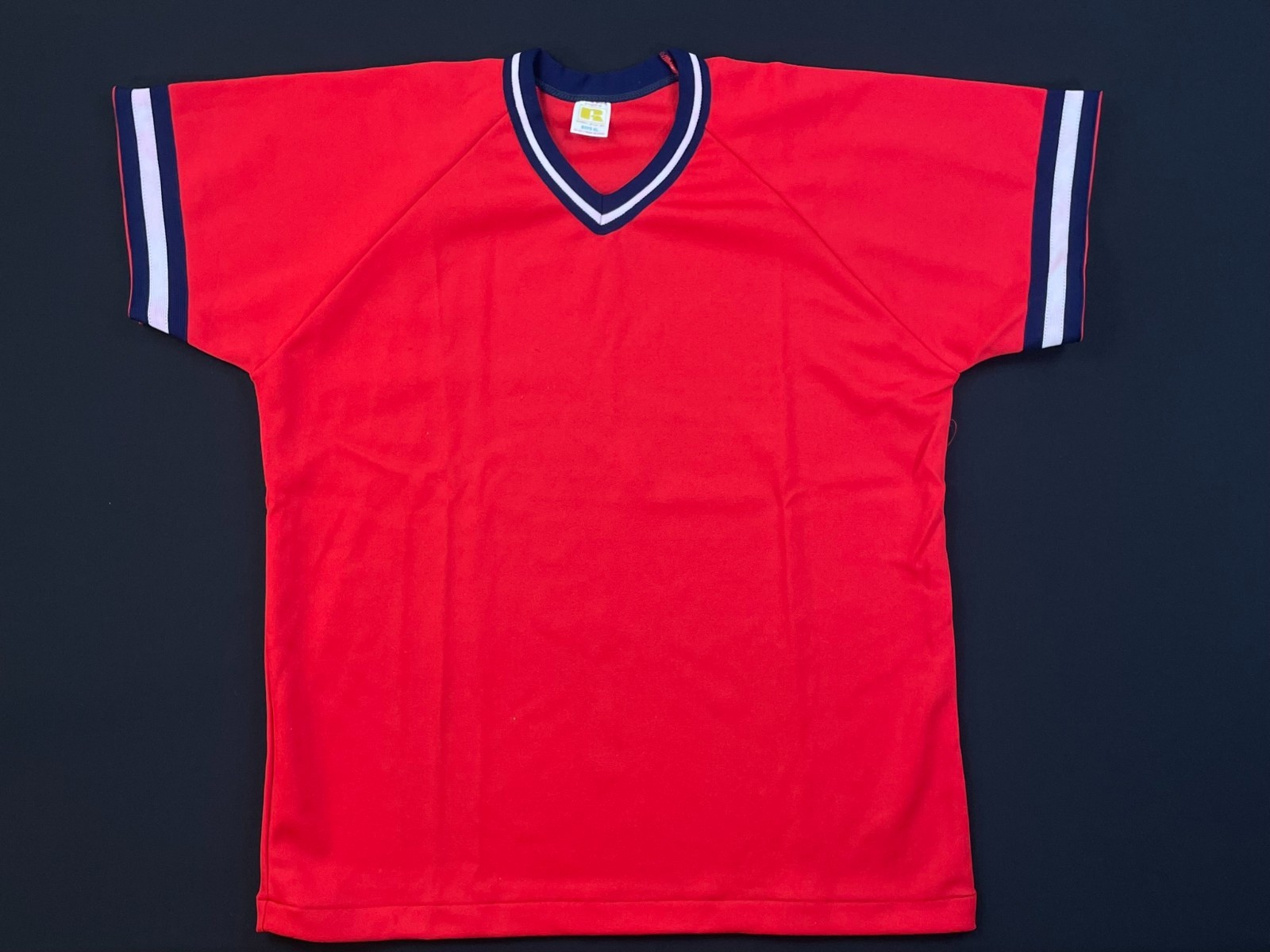 Vintage Wilson Red V-Neck Blank Jersey - Navy & White Striped Sleeves Boys XL gallery