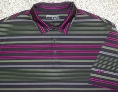 Men’s NIKE GOLF Dri-Fit Polo XL BLACK Striped w/Purple Swoosh ~ Poly/Spandex