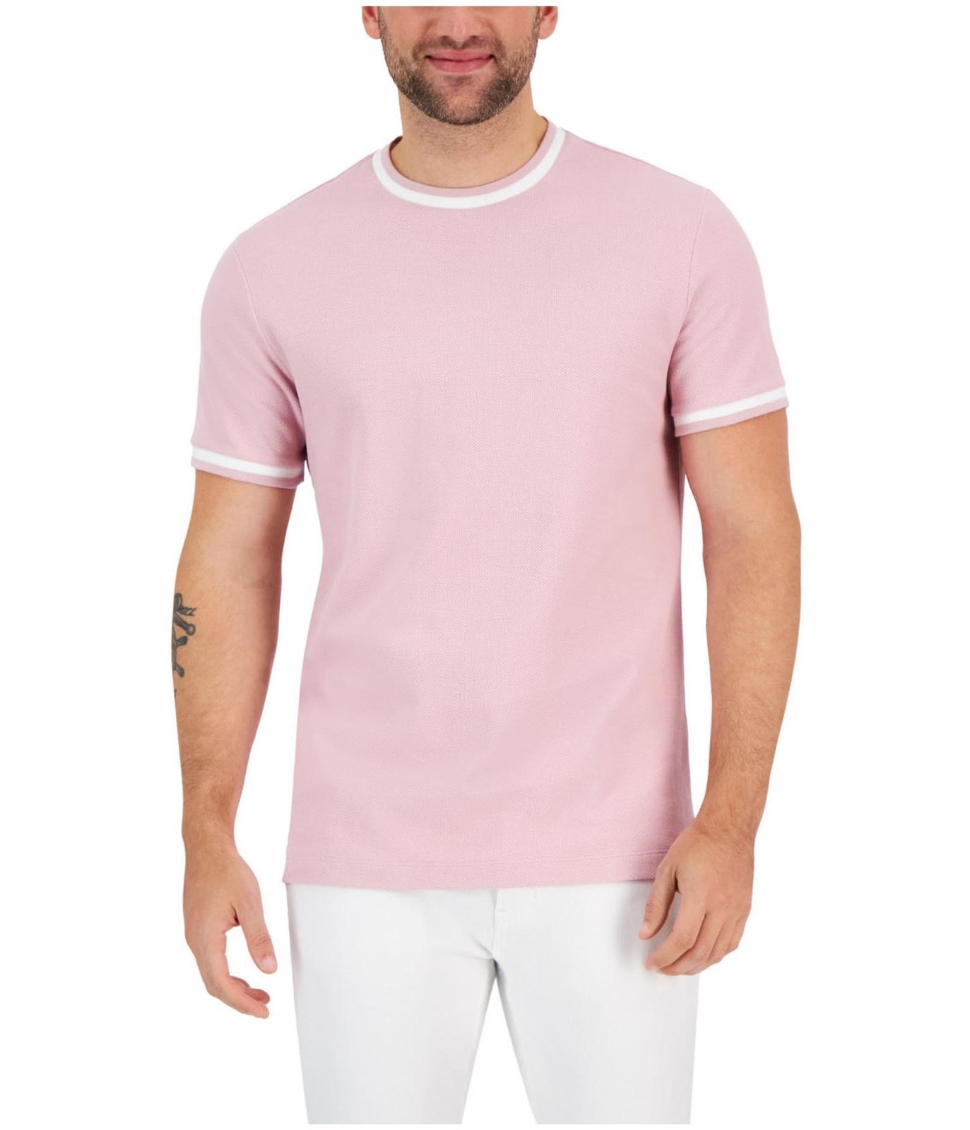 Alfani Mens Tipped Textured Pique Basic T-Shirt, Pink, XX-Large gallery