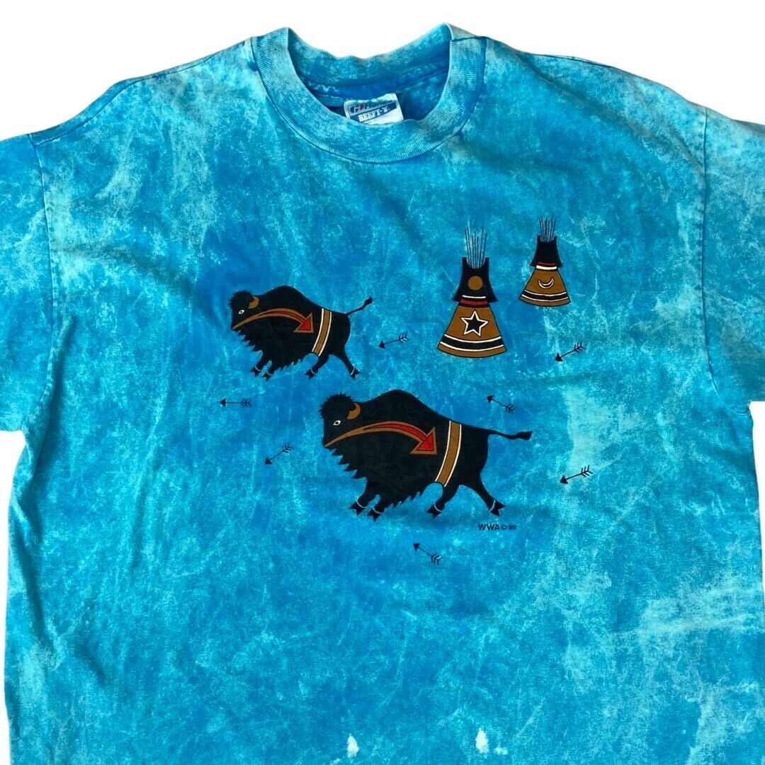 VTG 1989 Blue Tie Dye Native American Wild West Artwear Buffalo Graphic Tee LRG gallery