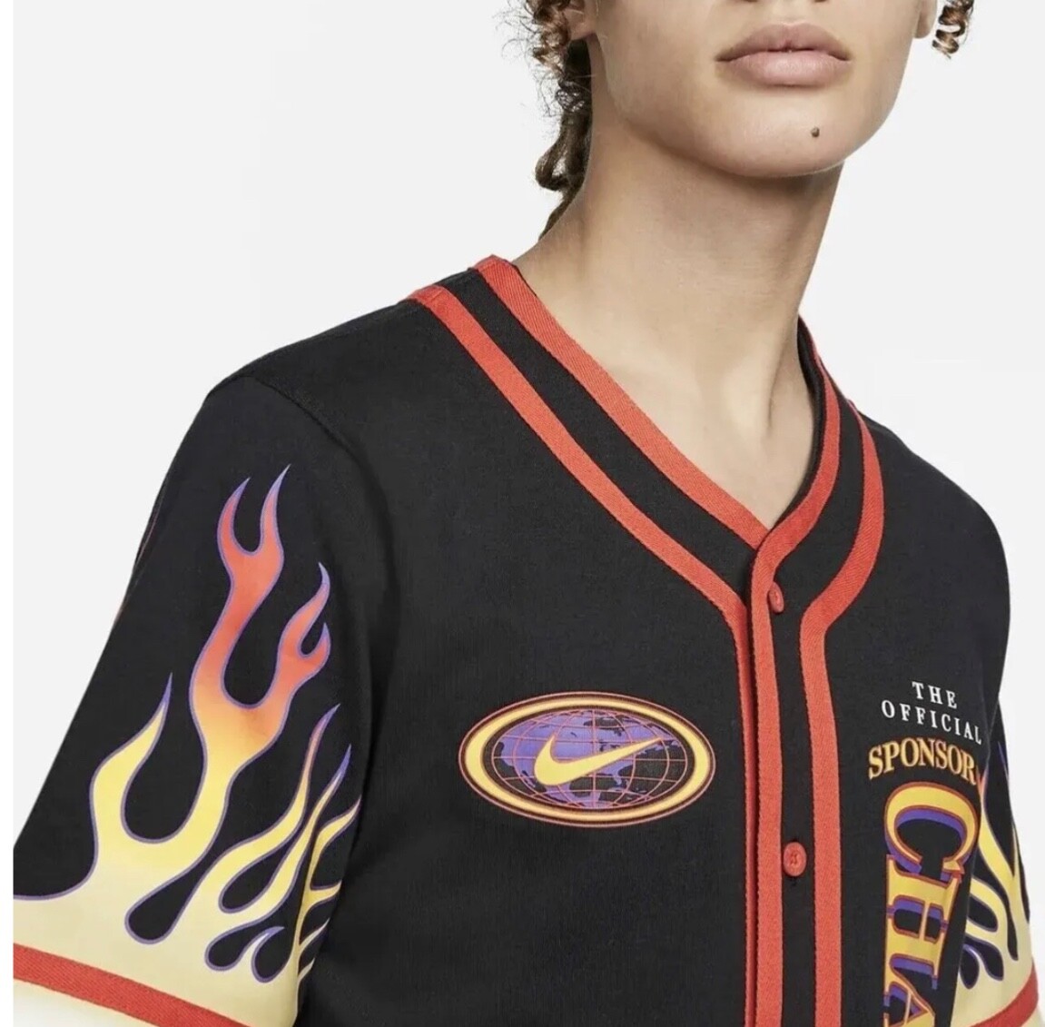 Nike Americana Top Flames Button Shirt Black Orange MSRP $85 DV9642-010 Size M gallery