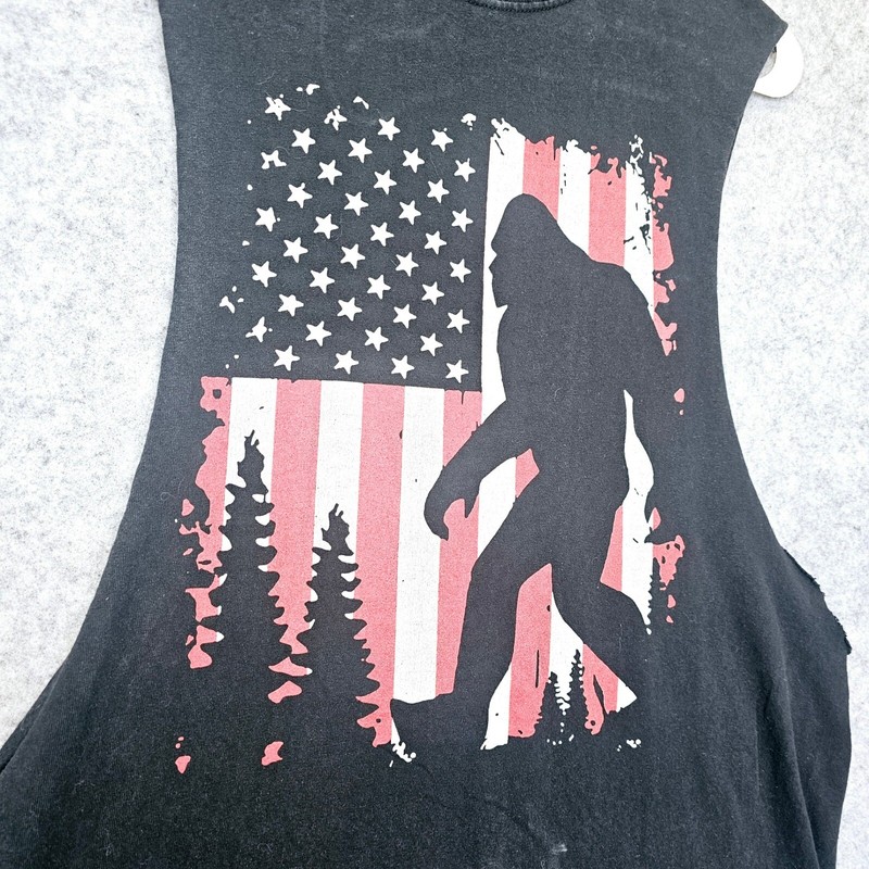 American Flag Bigfoot Black Tank Top Mens Small Muscle Tee Patriotic Cryptid Gym gallery
