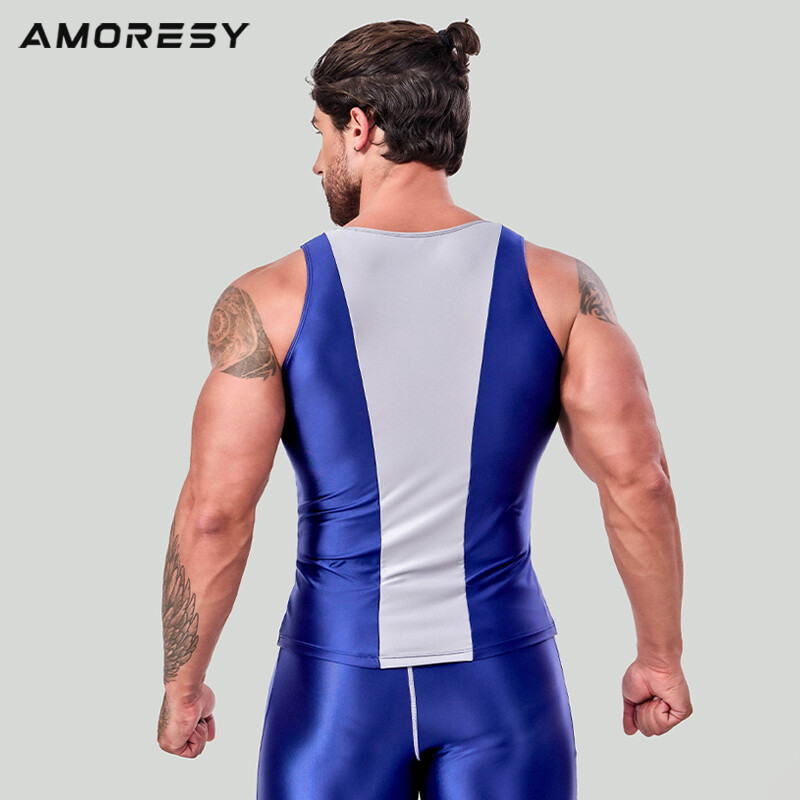 AMORESY Men Fashion Smooth Hurdle Tops Patchwork Tights Breathable Running Vests gallery