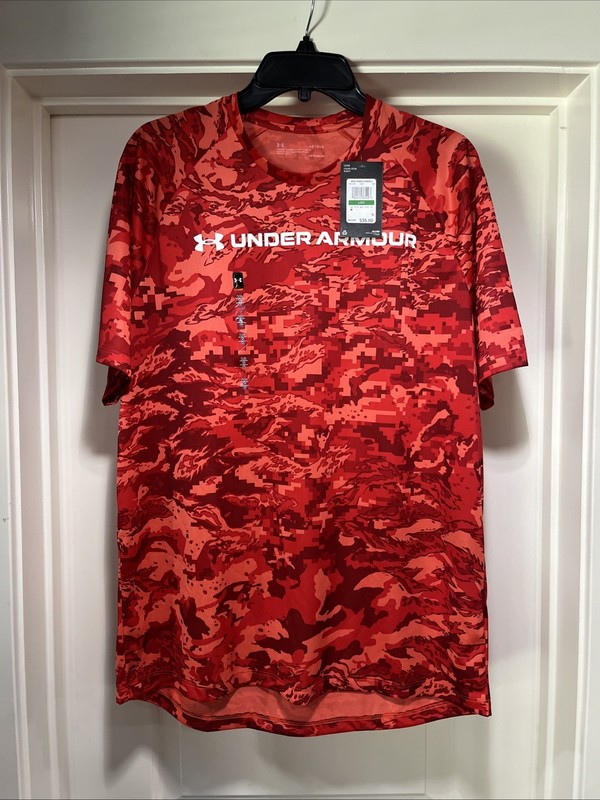 2 Mens Large Under Armour Tech ABC Camo Print Red Blue Shirt Loose Fit 1361698 gallery