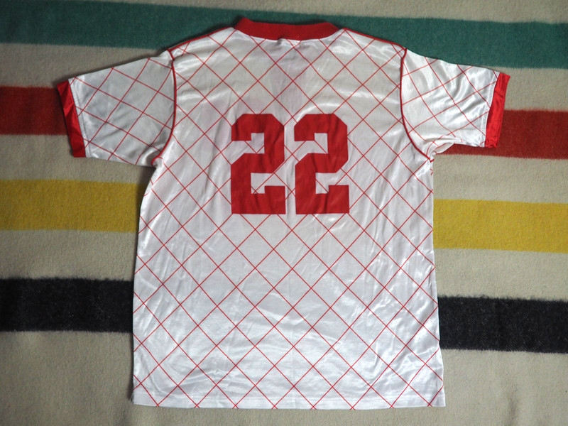VTG 80s 90s Umbro Red White Hex USA Made Shiny Retro Soccer Jersey Mens L gallery