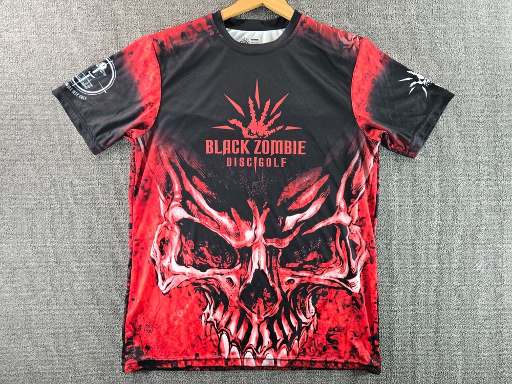 Black Zombie Disc Golf Shirt Size Medium Short Sleeve Pullover Quick Dry Skull