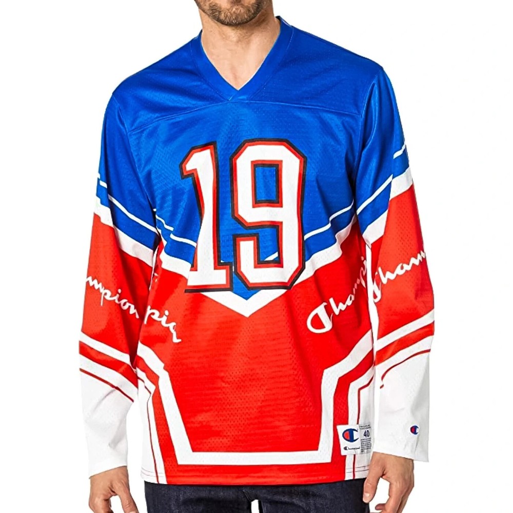 Champion Blue & White Long Sleeve Hockey Jersey RED WHITE BLUE USA MEN'S SZ L