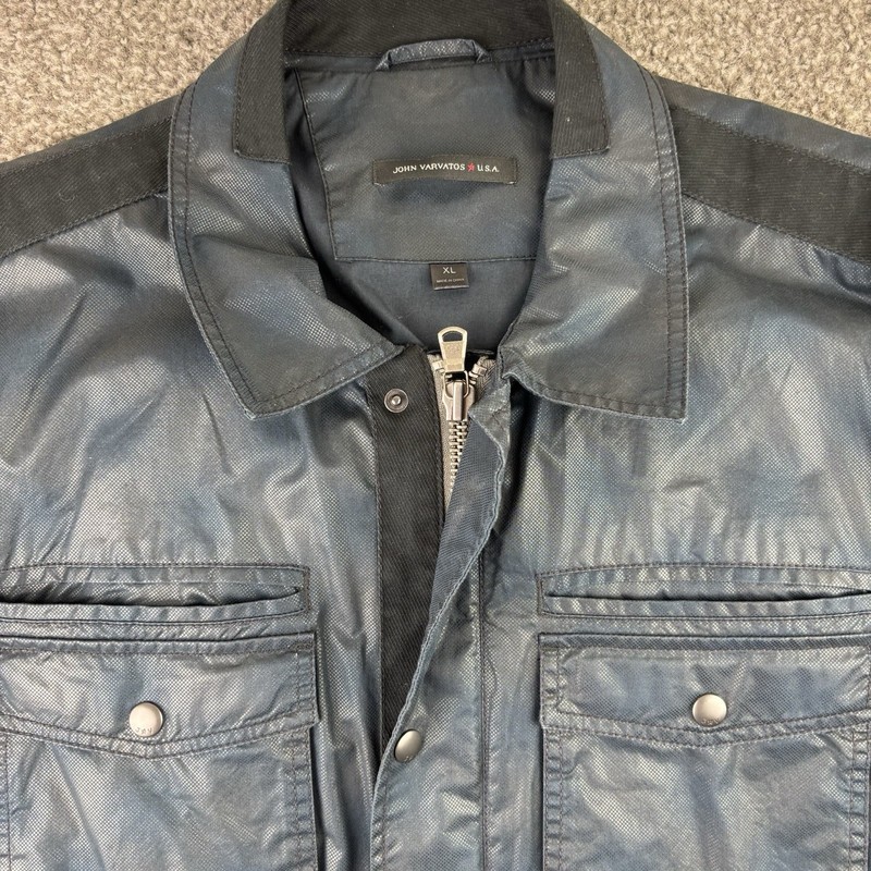 John Varvatos Jacket Mens Extra Large Blue Black Waxed Resign Pockets Full Zip gallery
