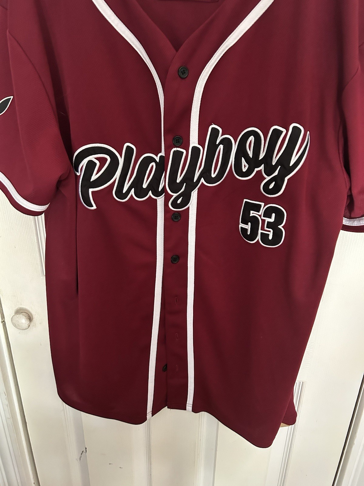 Playboy Magazine Maroon Black And White Baseball Jersey '53 Unisex Size XL gallery