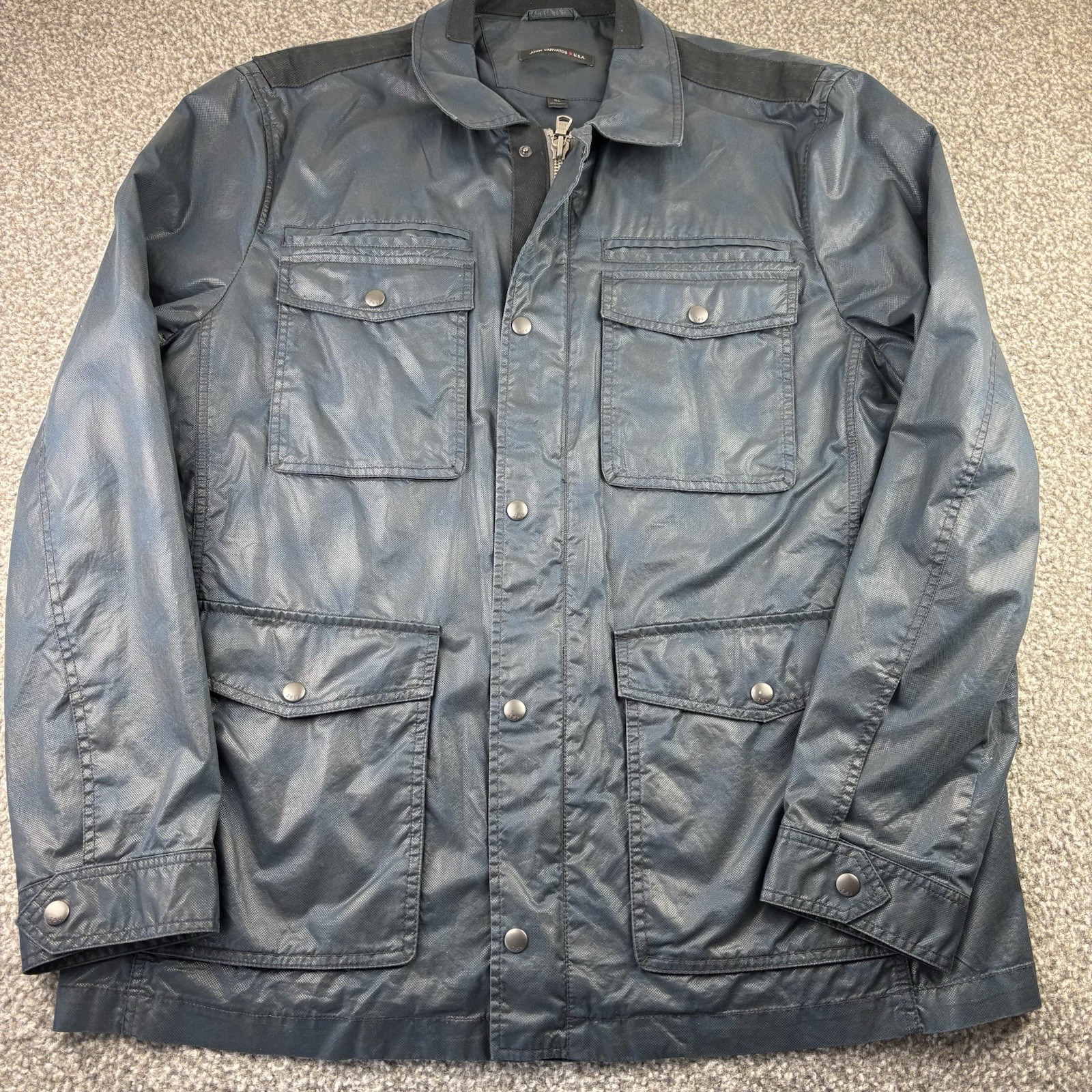 John Varvatos Jacket Mens Extra Large Blue Black Waxed Resign Pockets Full Zip gallery