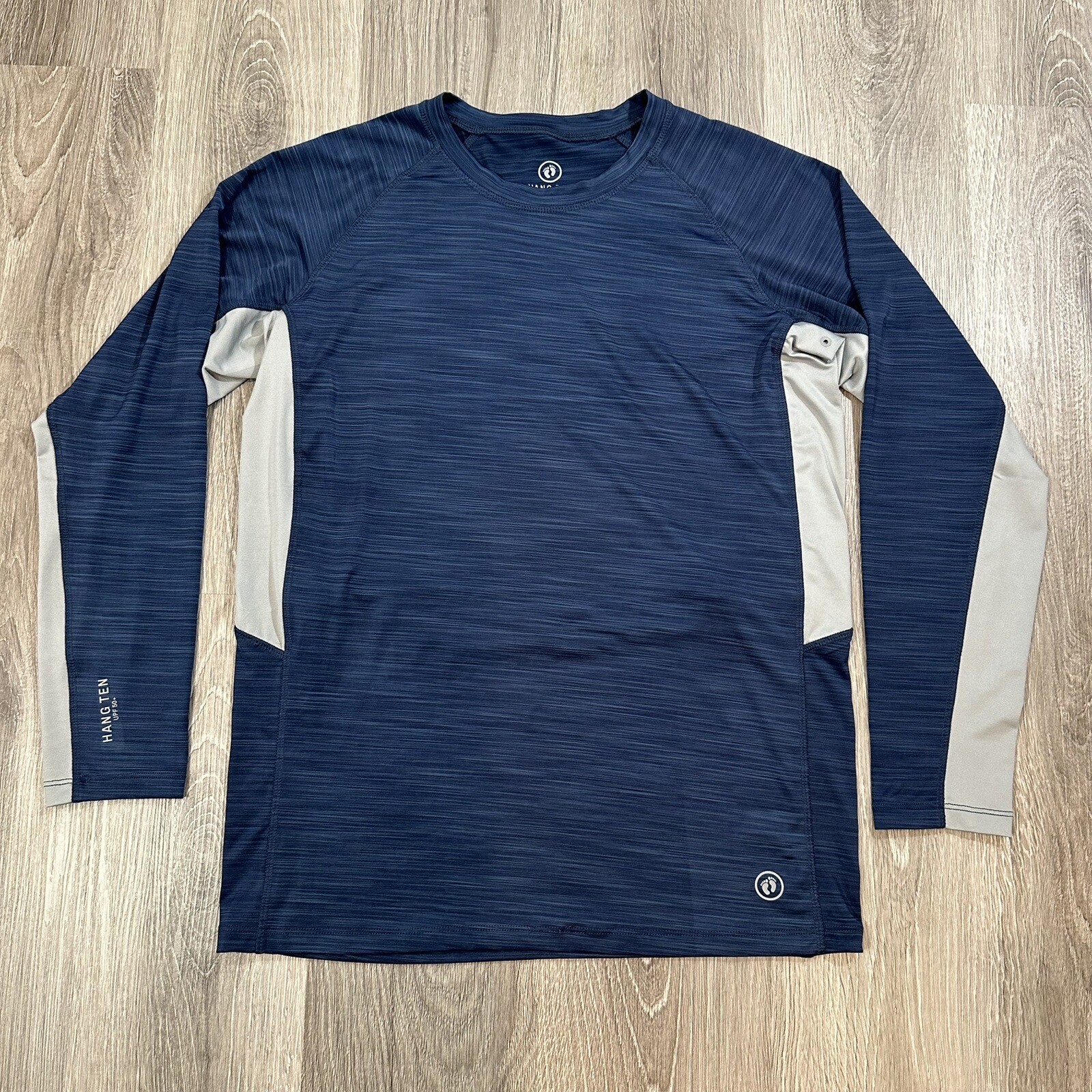 Hang Ten Sun Shirt Mens Medium Crew Neck UPF 50+ Long Sleeve Navy Grey Stretch gallery