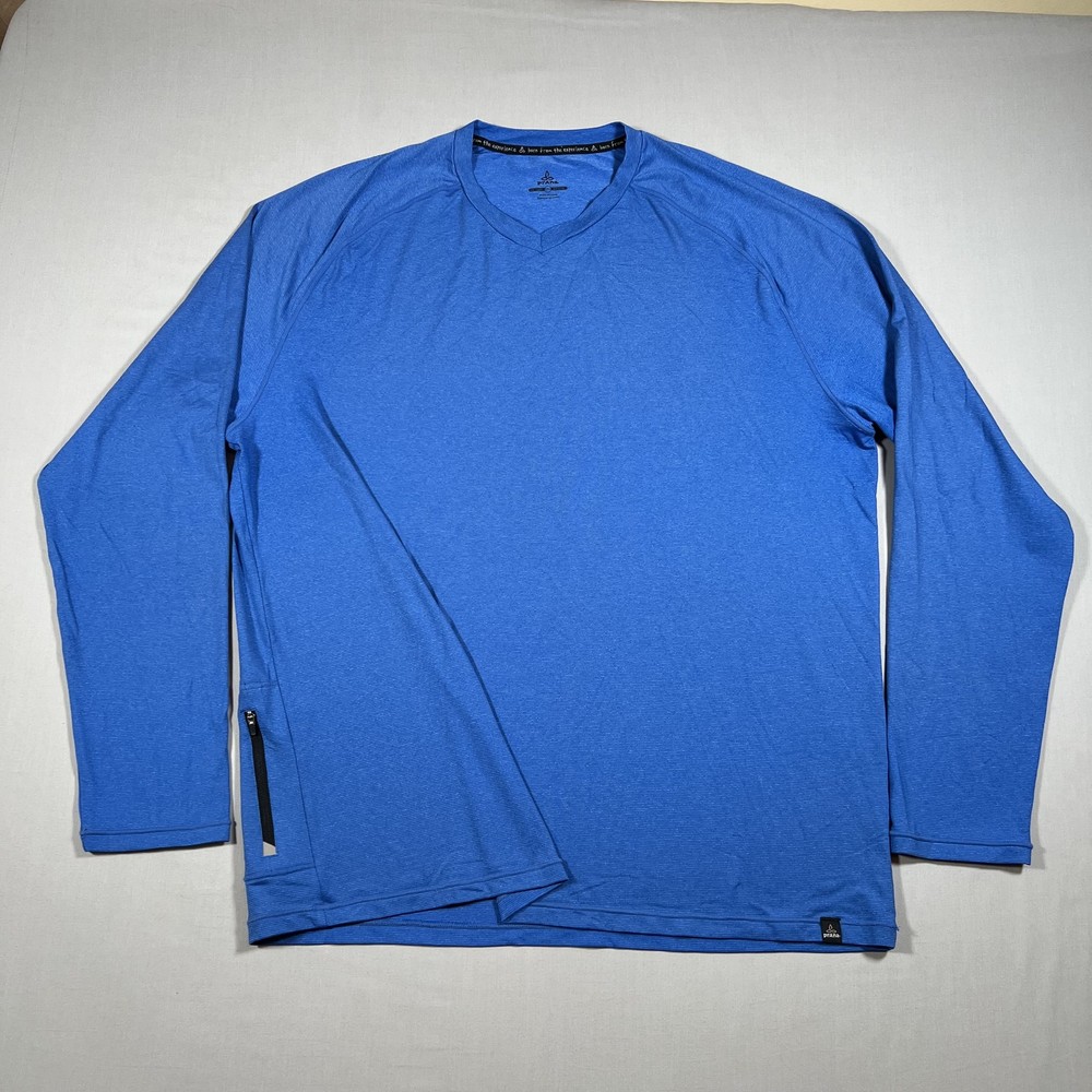 Prana Men's 2XL Long Sleeve Activewear Top Blue V-Neck Side Zip Pocket