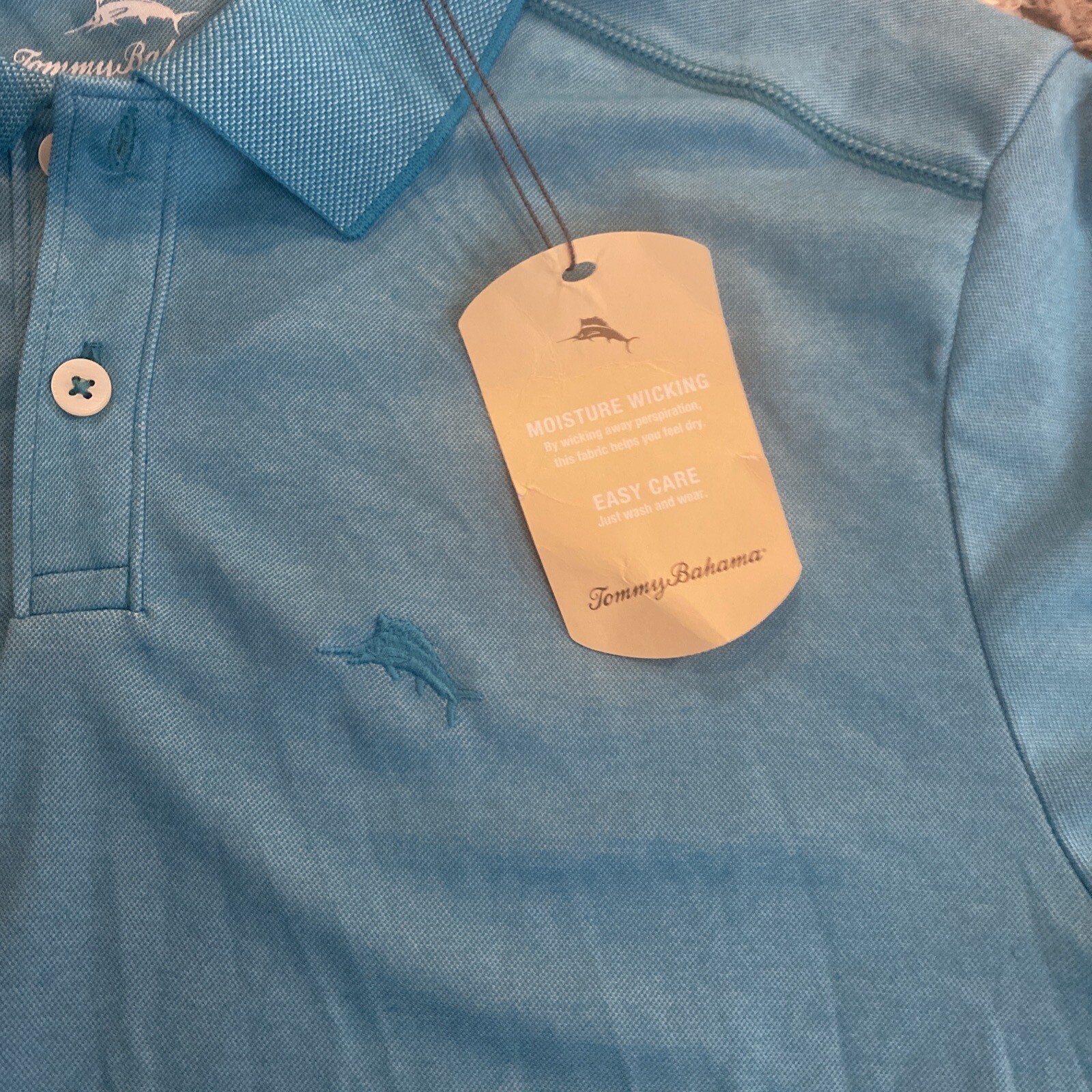 $99.50 Tommy Bahama Performance Polo Golf Shirt Marlin Logo Riviera Azure Large gallery