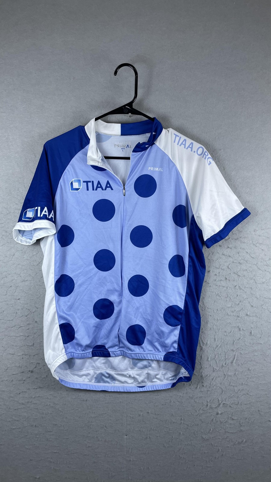 Primal TIAA Cycling Jersey Mens Large Blue Polka Dot Full Zip Short Sleeve Top gallery