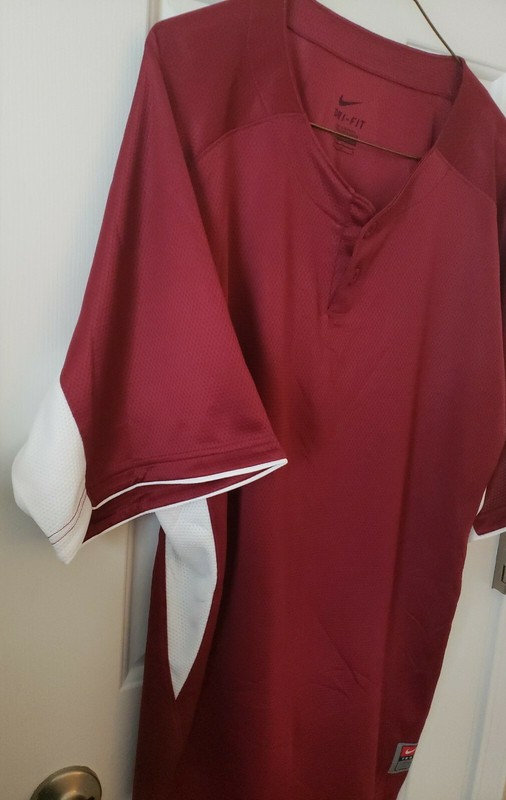 Men's Nike DRI-FIT Baseball 2-Button Henley Short Sleeve Jersey Sz M Red/White  gallery
