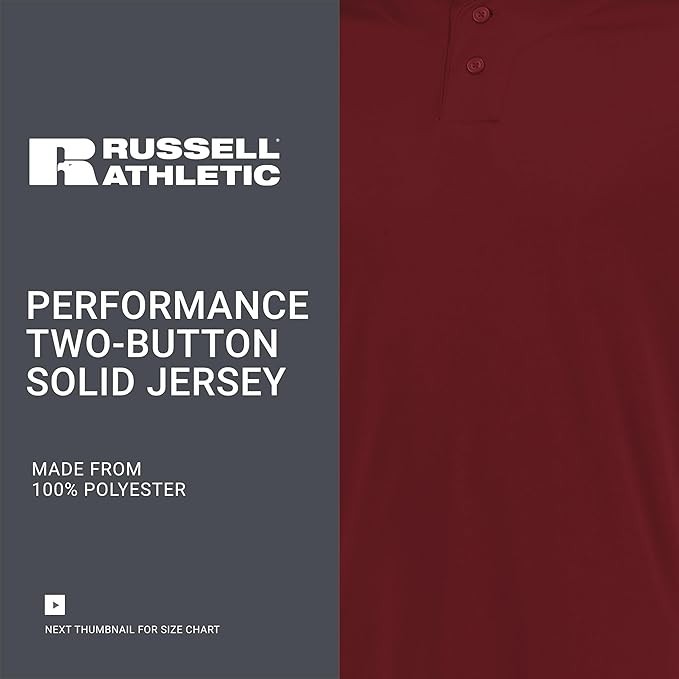 RUSSELL ATHLETIC 2-Button Jersey Size {Small} Short Sleeve/ Moisture-Wicking gallery