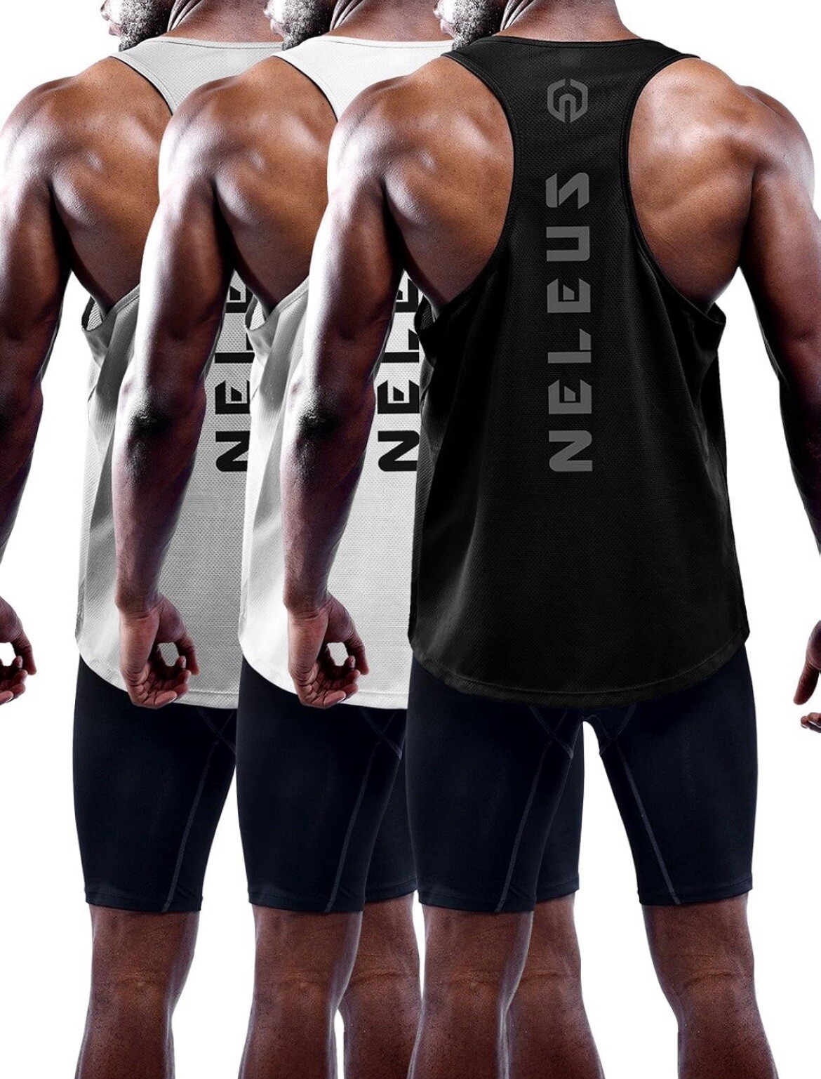NELEUS Men's 3 Pack Dry Fit Y-Back Muscle Tank Top (White,Gray,Black) gallery