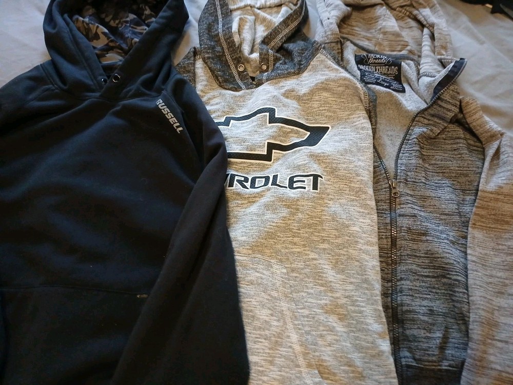 3 Total, Mens Pullovers 1 Zip Up, Large, Russell Chevrolet Broken Threads *Read*