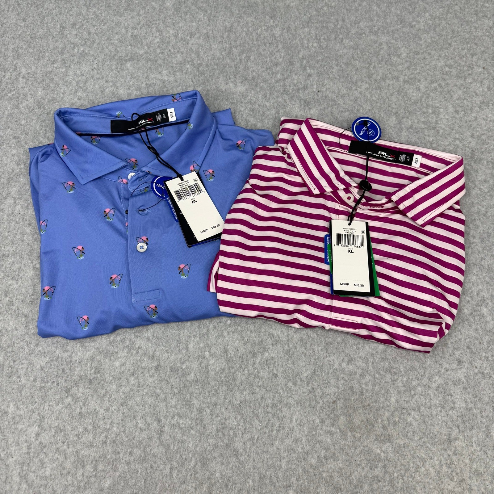 RLX Ralph Lauren Golf Polos Men's XL Striped Flamingo Blue NWT Wicking Shirts gallery