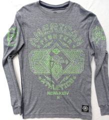 AMERICAN FIGHTER~MINT!!~MENS XLT GRAY NEON GREEN GRAPHICS LONG SLEEVE T-SHIRT