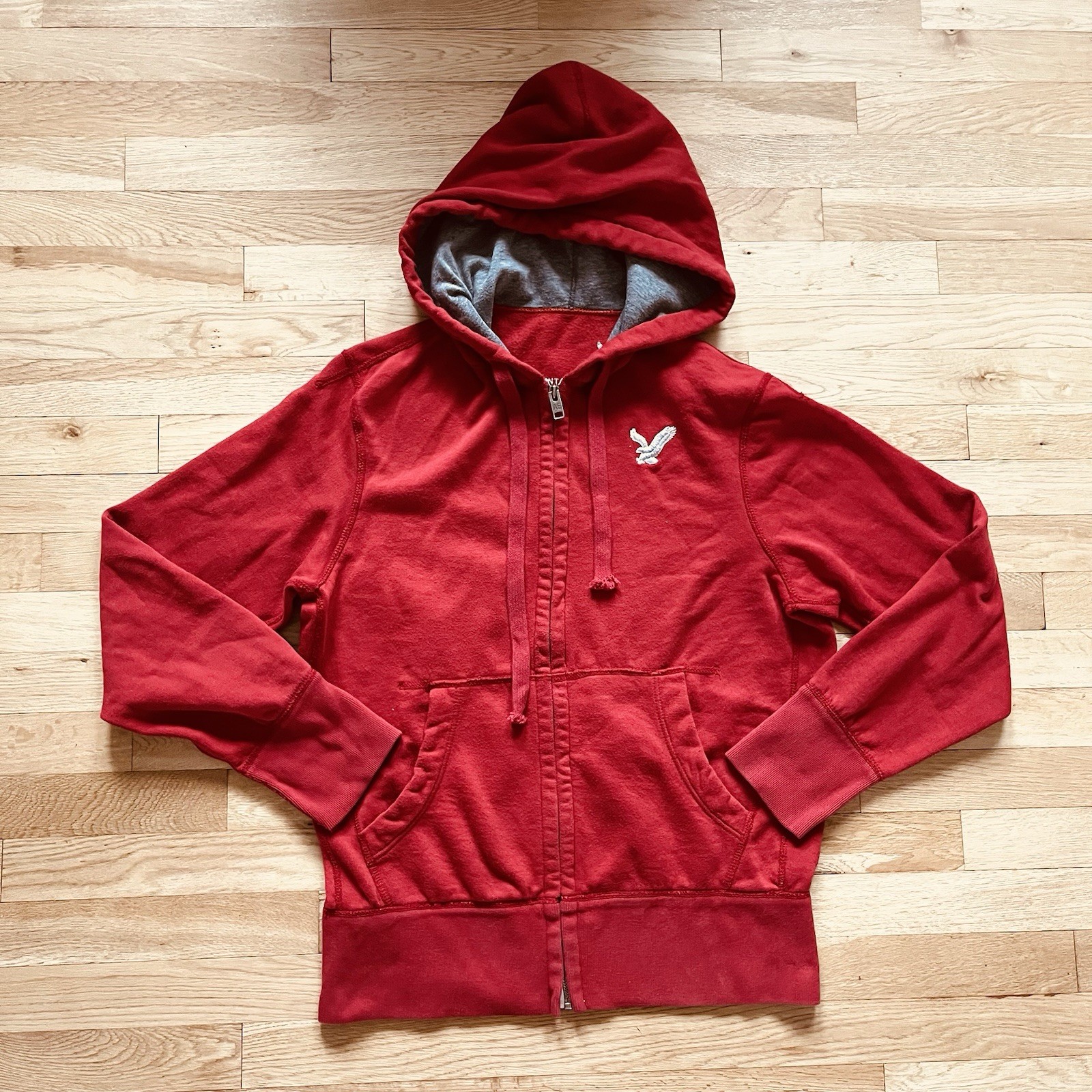 Vtg Y2K American Eagle Hooded Full Zip Sweatshirt Red / Gray Men‘s Size Medium M gallery