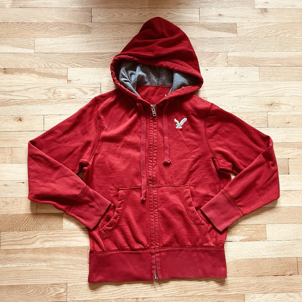 Vtg Y2K American Eagle Hooded Full Zip Sweatshirt Red / Gray Men‘s Size Medium M