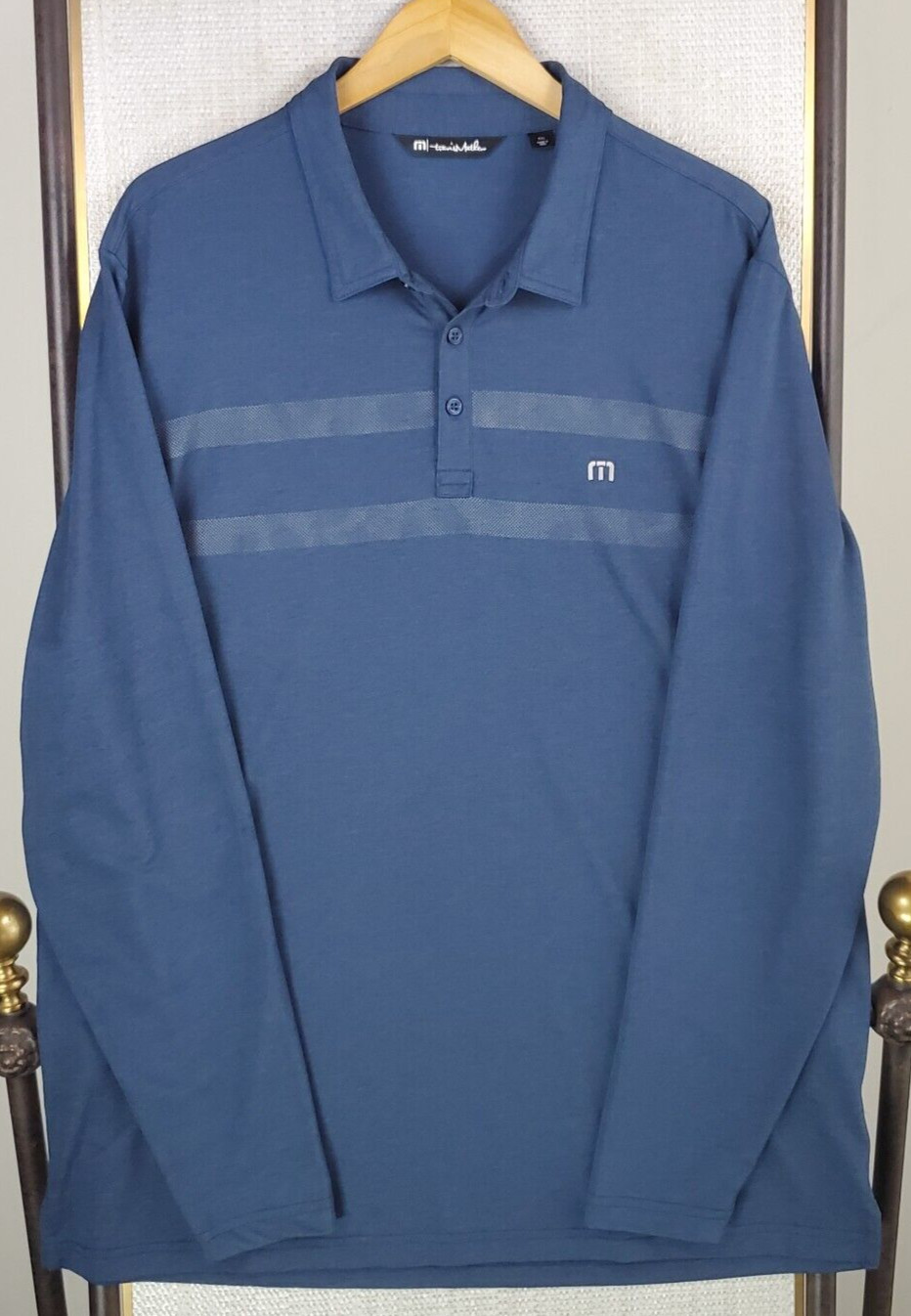 TRAVIS MATHEW Long Sleeve Polo Shirt Size 2XL Mens Blue Performance Golf Stripe gallery