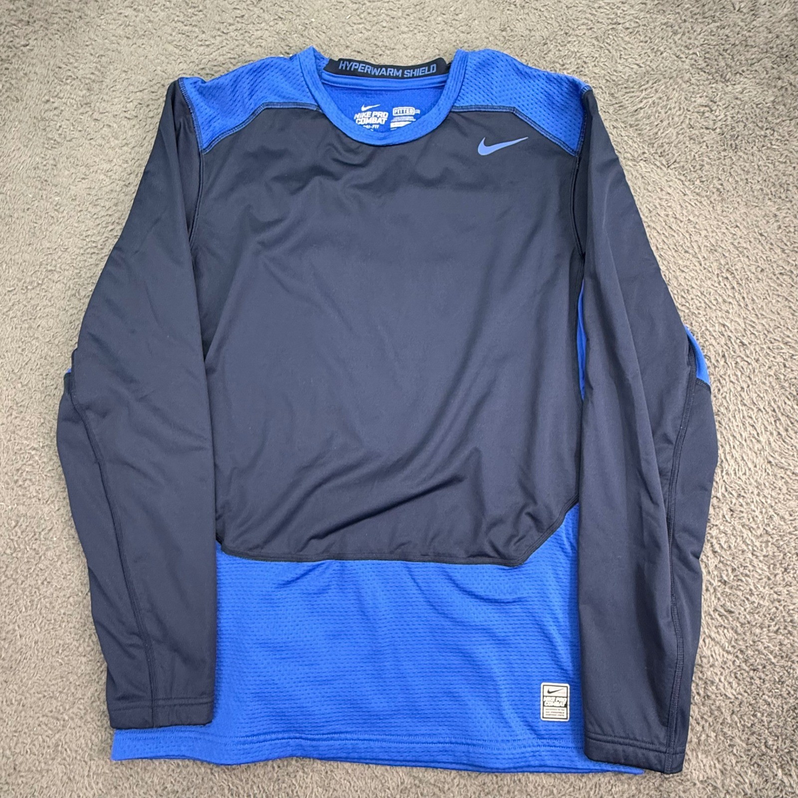 Nike Pro Combat Hyperwarm Shield Mens L Blue Navy Dri-FIT Long Sleeve Fitted Top gallery