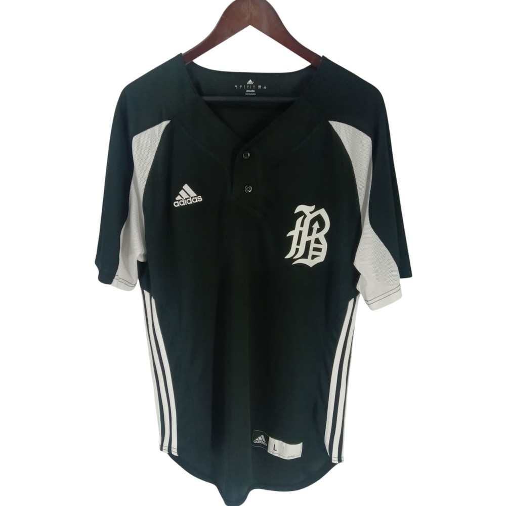 Adidas Climalite Three Stripe Baseball Jersey Black White Gothic B Logo Size L