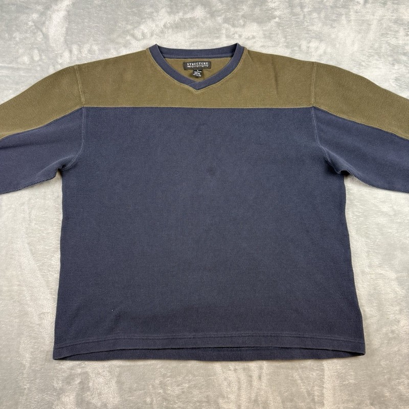 Vintage 90s Structure Colorblock Thermal Knit Sweater Blue Grunge Skater Large gallery