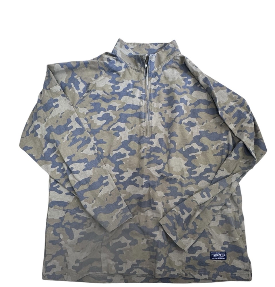 Fish Hippie Camouflage 1/4 Zip Pullover Long Sleeve Top Green Blue Beige