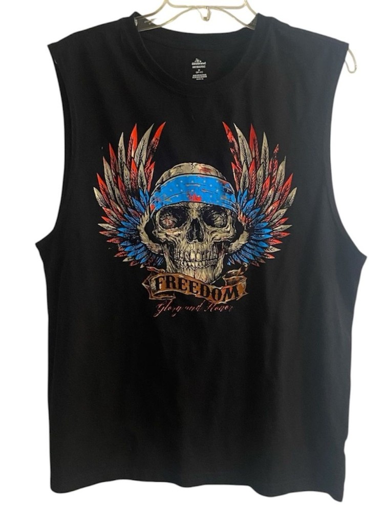⁠Way To Celebrate Black Skull Muscle Tee Freedom Glory Honor Tank Medium