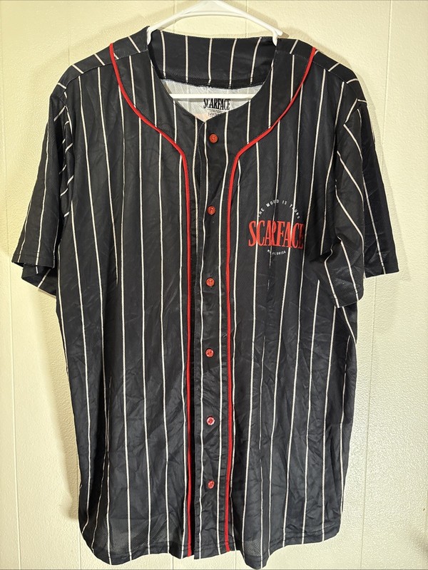 Scarface Black White Pinstripe Baseball Jersey Size Large “The World Is Yours” gallery