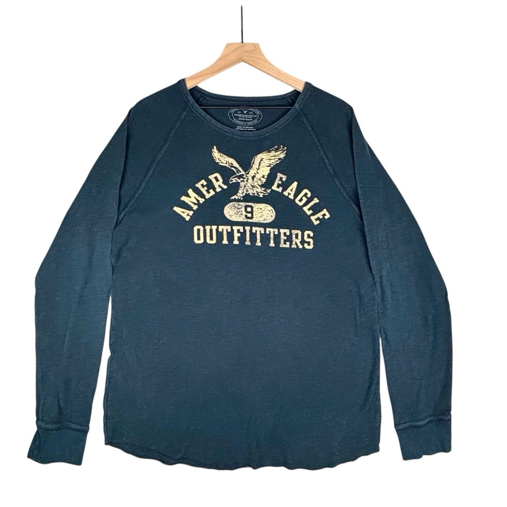 American Eagle Shirt Men XL Blue Waffle Thermal Spellout Athletic Fit Y2K Skater