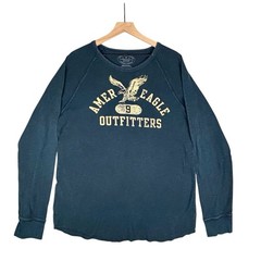 American Eagle Shirt Men XL Blue Waffle Thermal Spellout Athletic Fit Y2K Skater