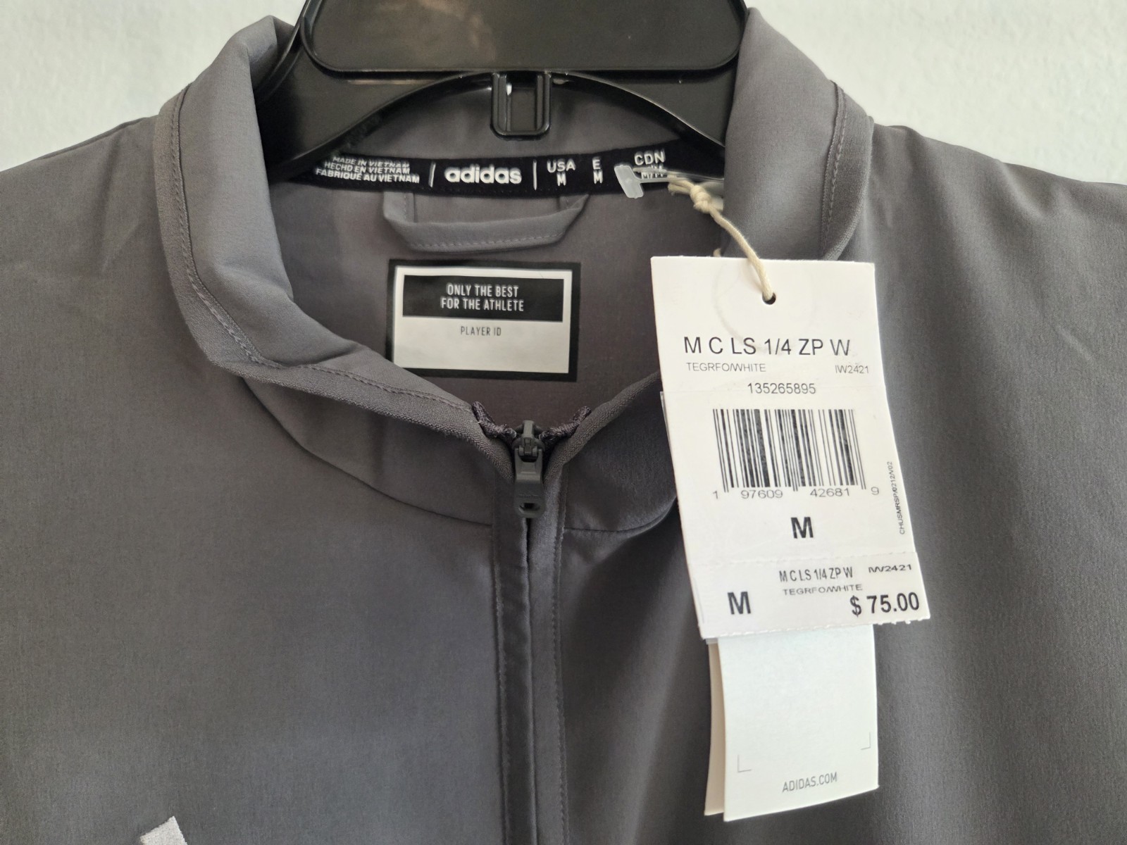 adidas Men's M Gray Solid Logo 1/4 Zip Pullover Long Sleeve Stand-Up Collar Top gallery