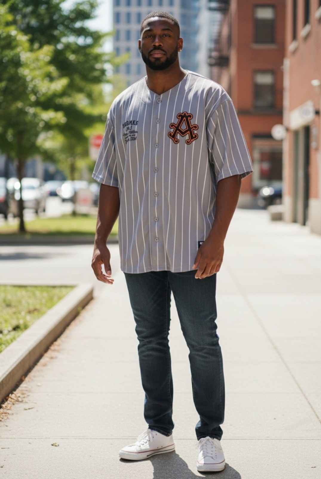 Men's Size 6XL AKADEMIKS "Heavy Hitters" Gray Pinstriped Baseball Style Jersey gallery