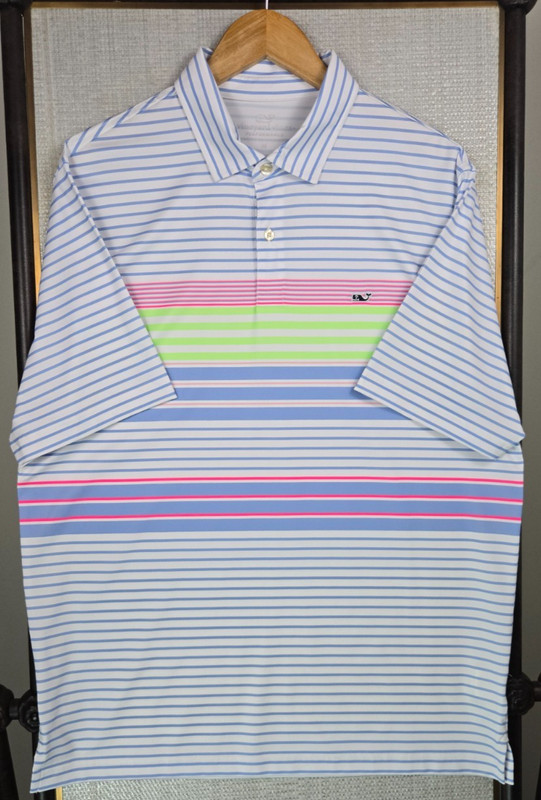 VINEYARD VINES PERFORMANCE Mens Sz Medium Polo Shirt Neon Stripe Wicking Whale gallery