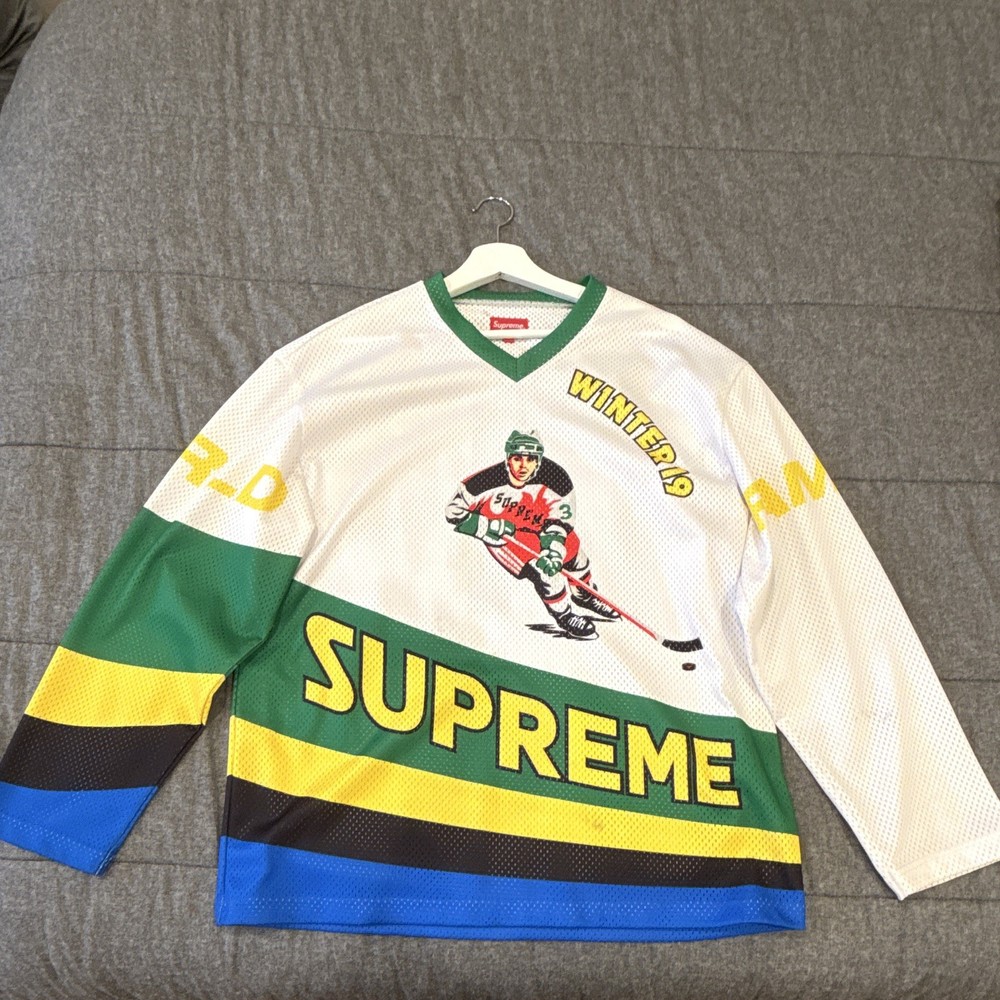 Supreme 2019 Mens Hockey Jersey M Mesh Breathable V-Neck Long Sleeve White/Green